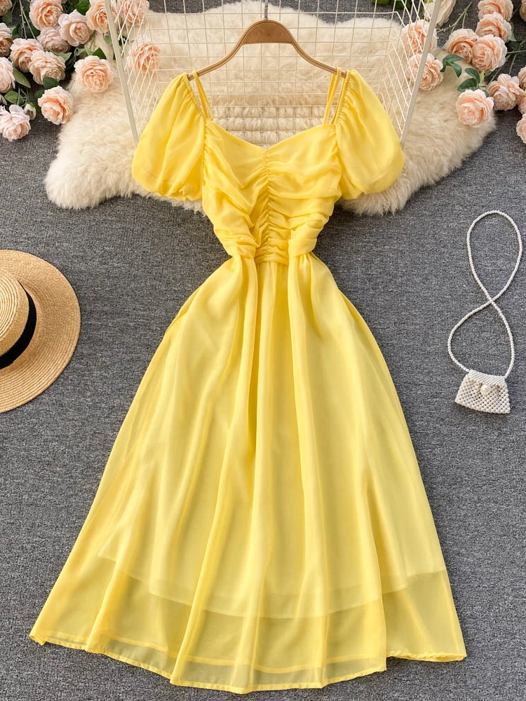 

Летнее женское милое шифоновое платье, новинка, женское облегающее однотонное ДРАПИРОВАННОЕ длинное платье средней длины с V-образным выре...