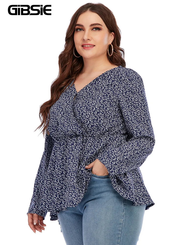 Женская блузка с V-образным вырезом длинным рукавом и баской |