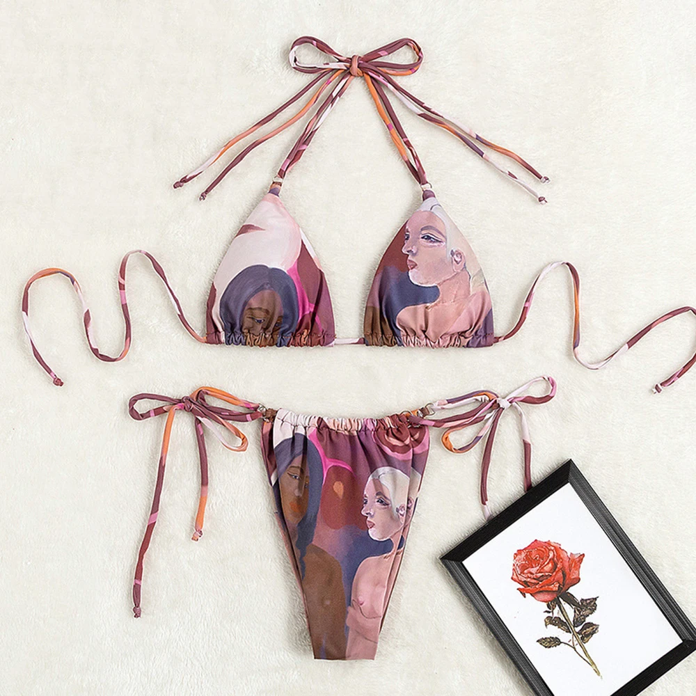 

Модный женский купальник, сексуальное бикини с завязками, стринги, летний купальный костюм из двух предметов, тонкое нижнее белье для бассе...