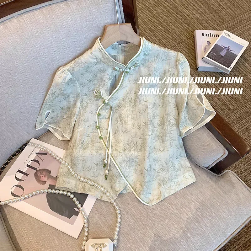 Лето 2023 новая легкая женская рубашка в китайском стиле с пуговицами и принтом