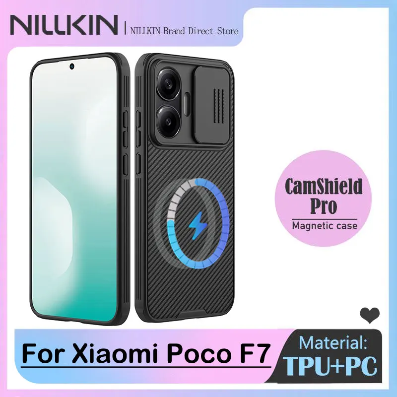 Фото Магнитный чехол NILLKIN для Xiaomi Poco F7, сдвижная крышка камеры, защита конфиденциальности, противоударная 4-угольная подушка безопасности, защита от отпечатков пальцев №1