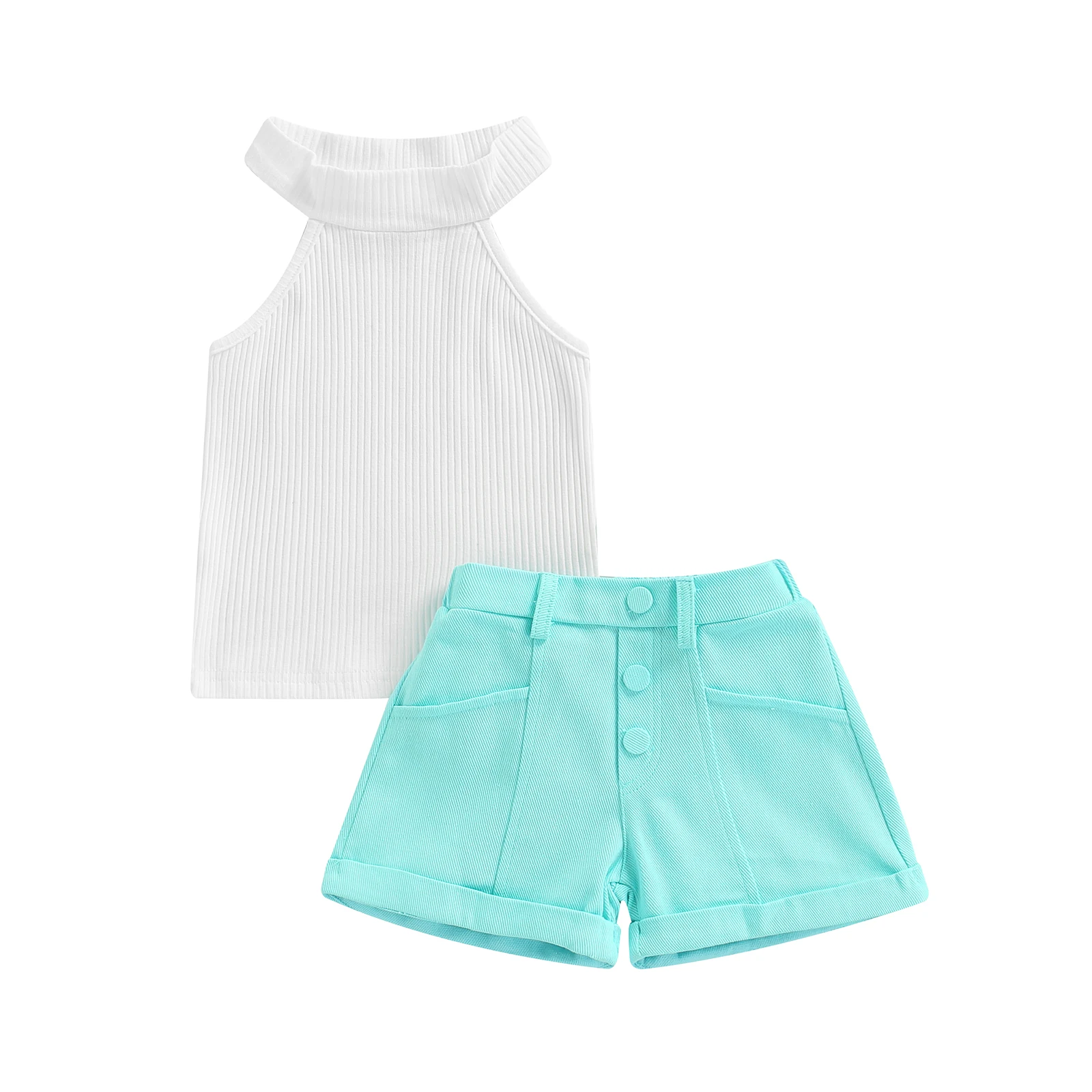 

Детский костюм из двух предметов для маленьких девочек, топы в рубчик с высоким воротником для малышей + шорты с украшением на пуговицах