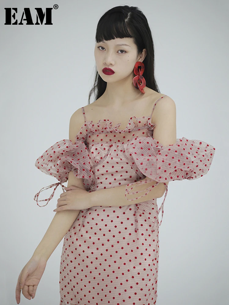 

[EAM] Women Dot Mesh Split Joint Ruffles Asymmetrical Dress New Slash Neck Loose Fit Fashion Tide Spring Summer 2023 1S716