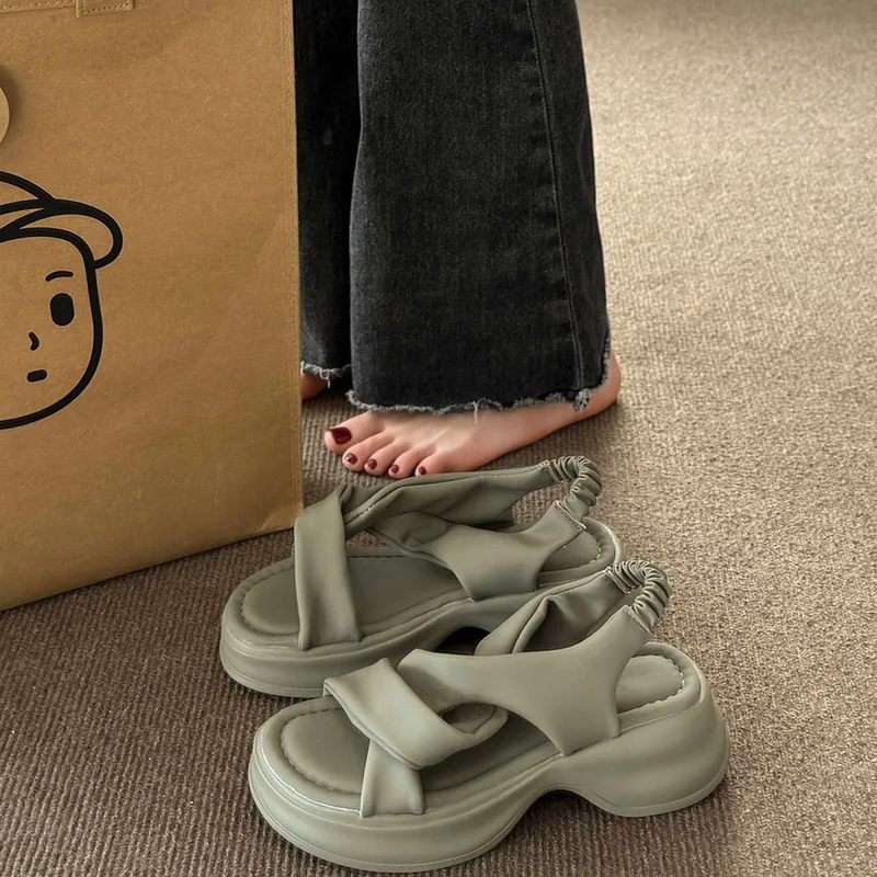 

Cross Comfort Shoes for Women Sandals Straps Clogs Wedge Anti-Skid Summer Heels Cross-Shoes Suit Female Beige Muffins shoe Plat