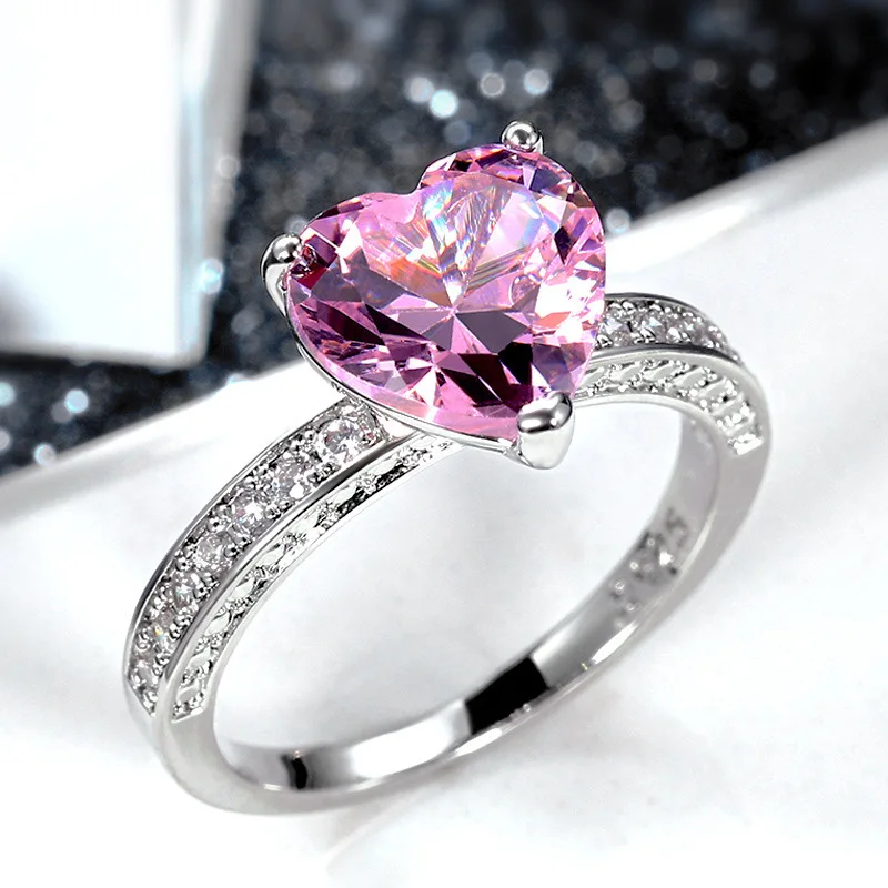 

New Inlaid AAA Heart-shaped Pink Rhinestones Zircon Ring Wedding Engagement Jewelry for Women Luxury Banquet Bride Accessories