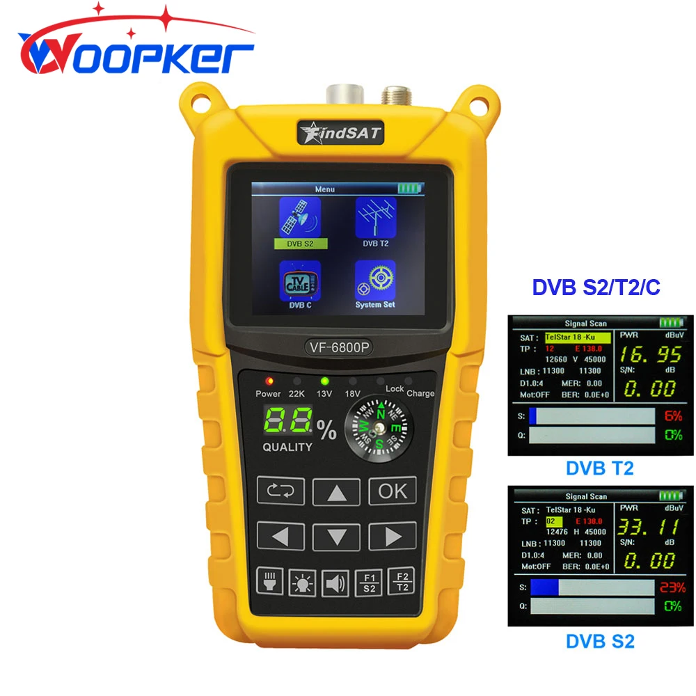 

Woopker VF-6800P Digital Satellite Finder Combo Support DVB T2/ S2/ C Sat Finder Meter for Satellite TV Receiver DVBT2 Tuner