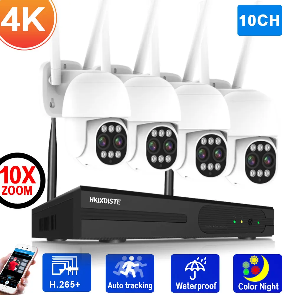 Kit 4k 10ch Wireless Nvr Kit 10x Zoom Dual Lens Ptz Ip Camera Video Surveillance Set