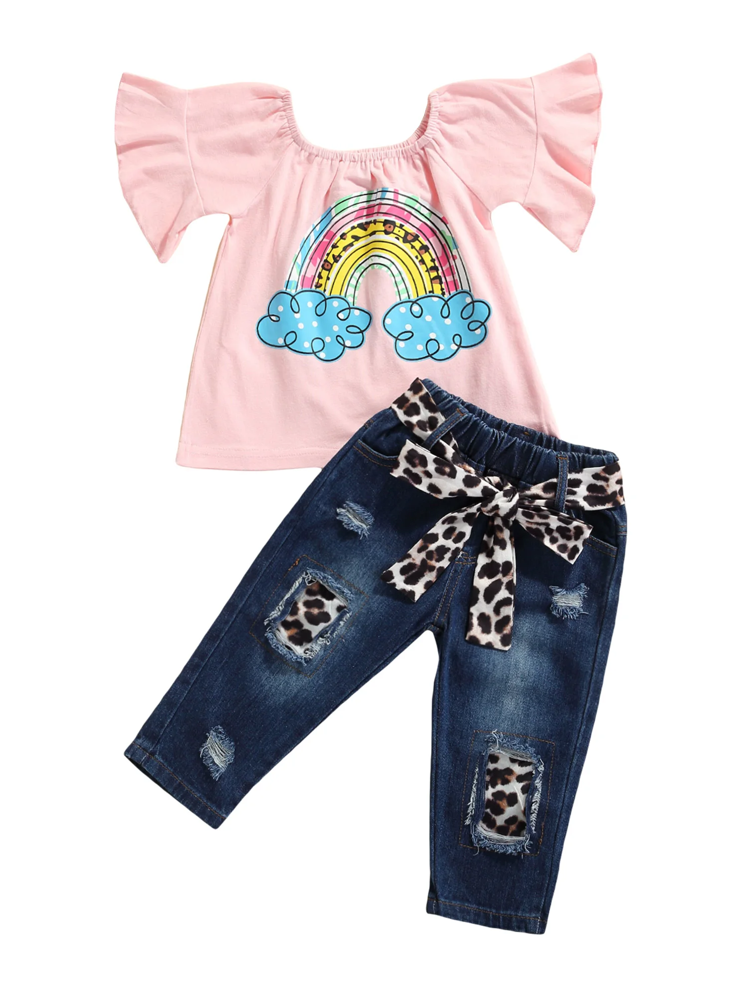 

Baby Short Sleeves + Trousers + Leopard Belt, Ruffle Decoration Rainbow Cloud Print Summer Clothing