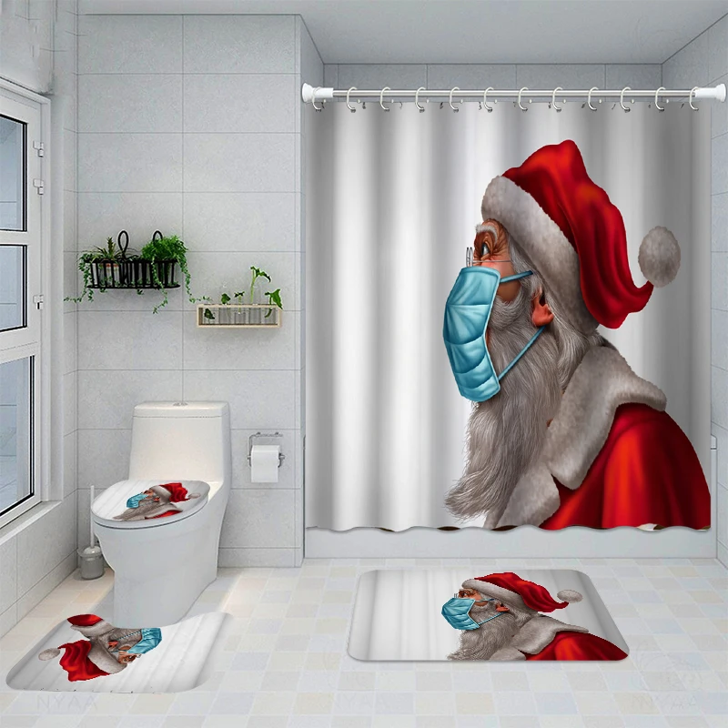 

Santa Claus Waterproof Shower Curtain Set Non-Slip Mat Rug Carpet Toilet Seat Cove Polyester Washable Bathing Bathroom Decor