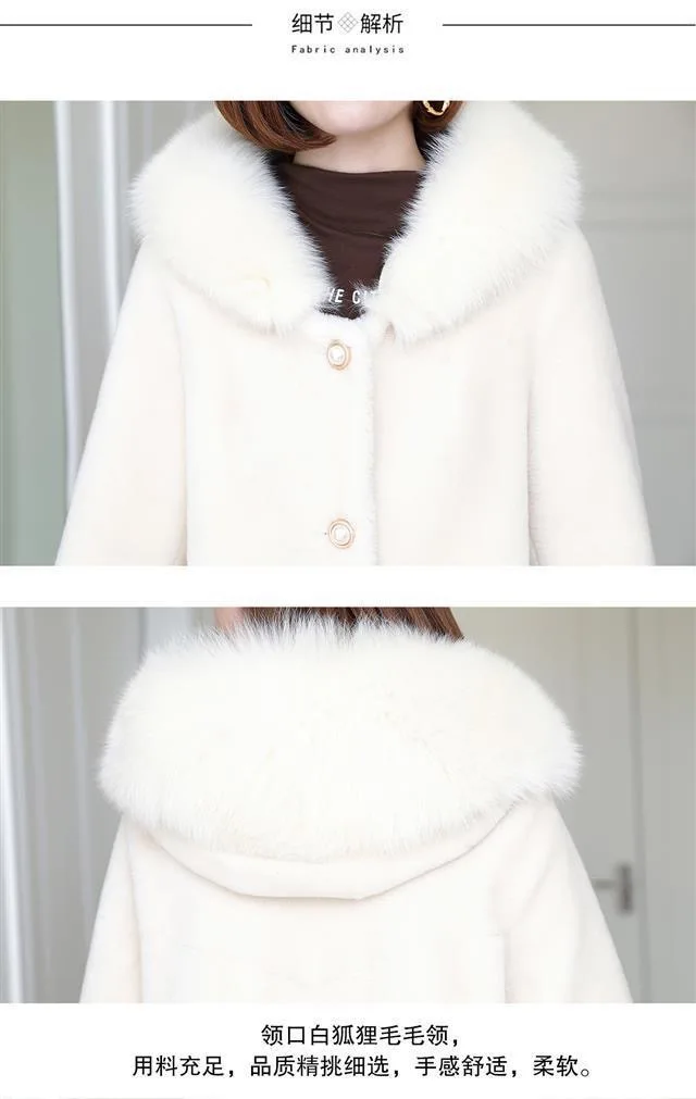 2022 new sheep shearling coat women's mid-length fur one fox fur grain wool fur coat
