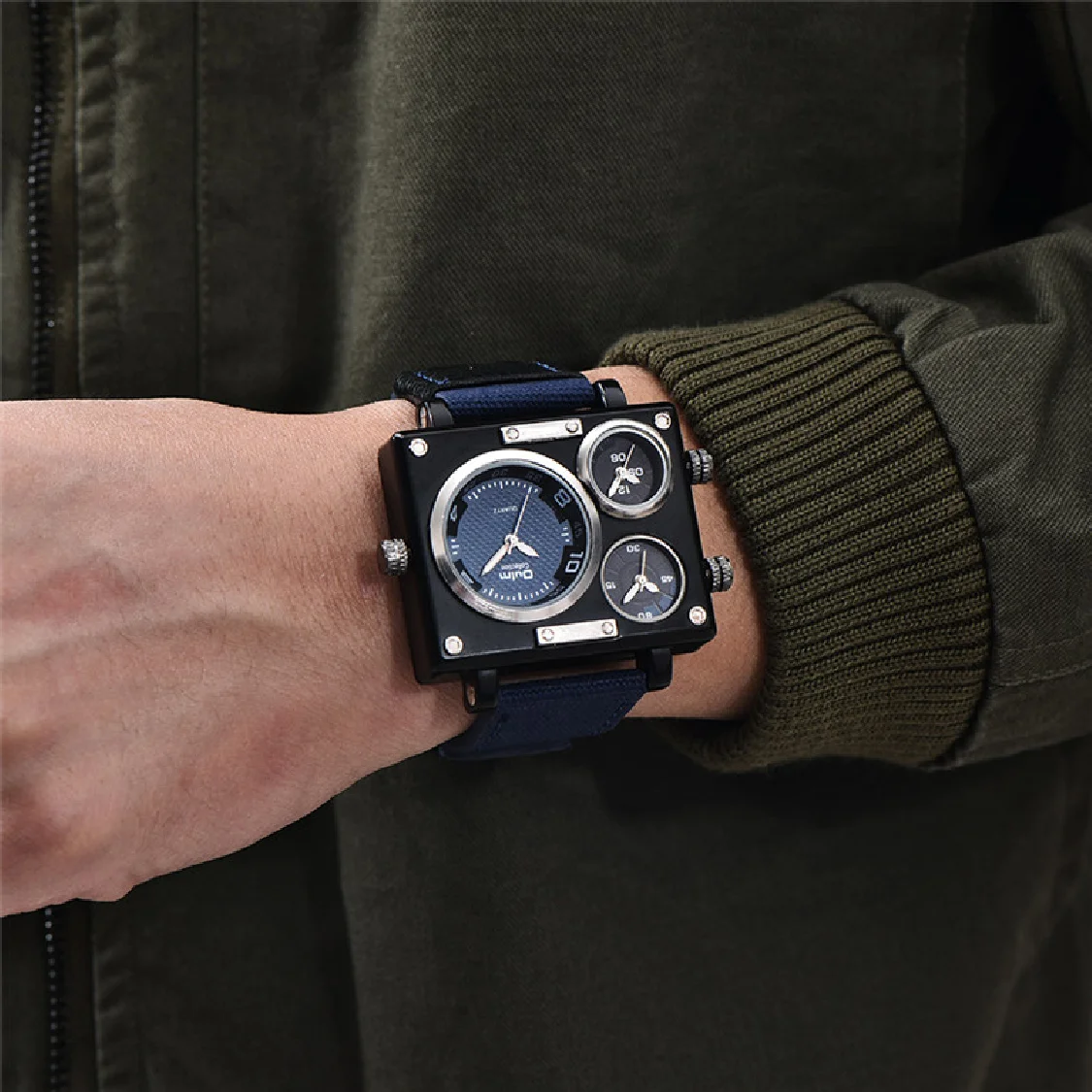 

Oulm Watch Luxury Brand Man Fabric Srap Quartz-Watch Clock Male Multiple Time Zones Square Sports Watches erkek kol saati