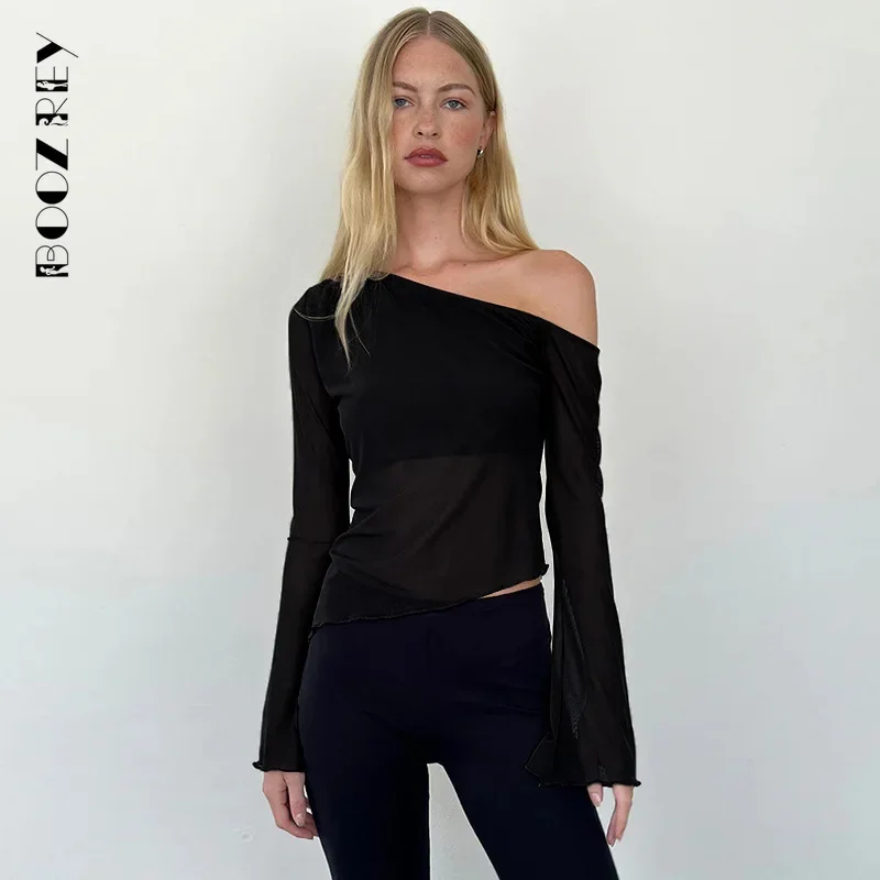 BoozRey 2024 Осень новинка косые плечи сетка без бретелек с длинным рукавом однотонный