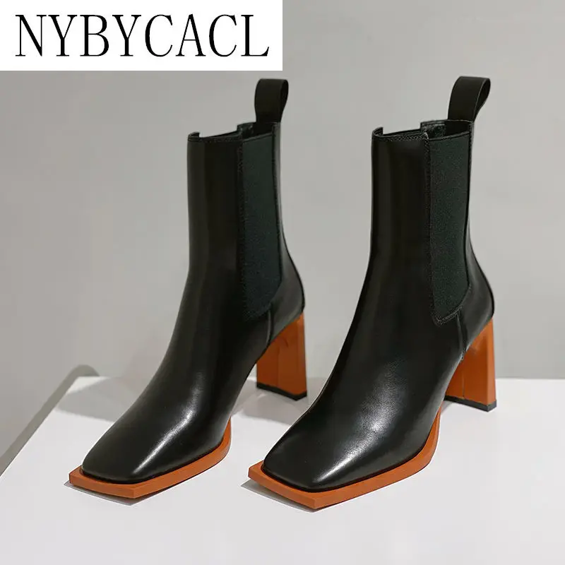 

2023 NEW Women Ankle Boots High Heels Black Knitting Booties Winter Woman Dress Shoes Square Toe Stretch Botas Retro Mujer Fall