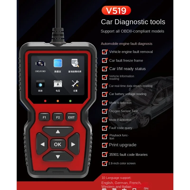 Новый автомобильный детектор ELM327 OBD2 V519 с цветным экраном 23 года