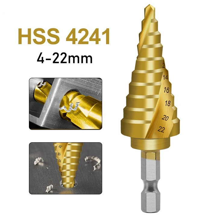 Спиральное ступенчатое сверло из быстрорежущей стали с титановым покрытием 4-22