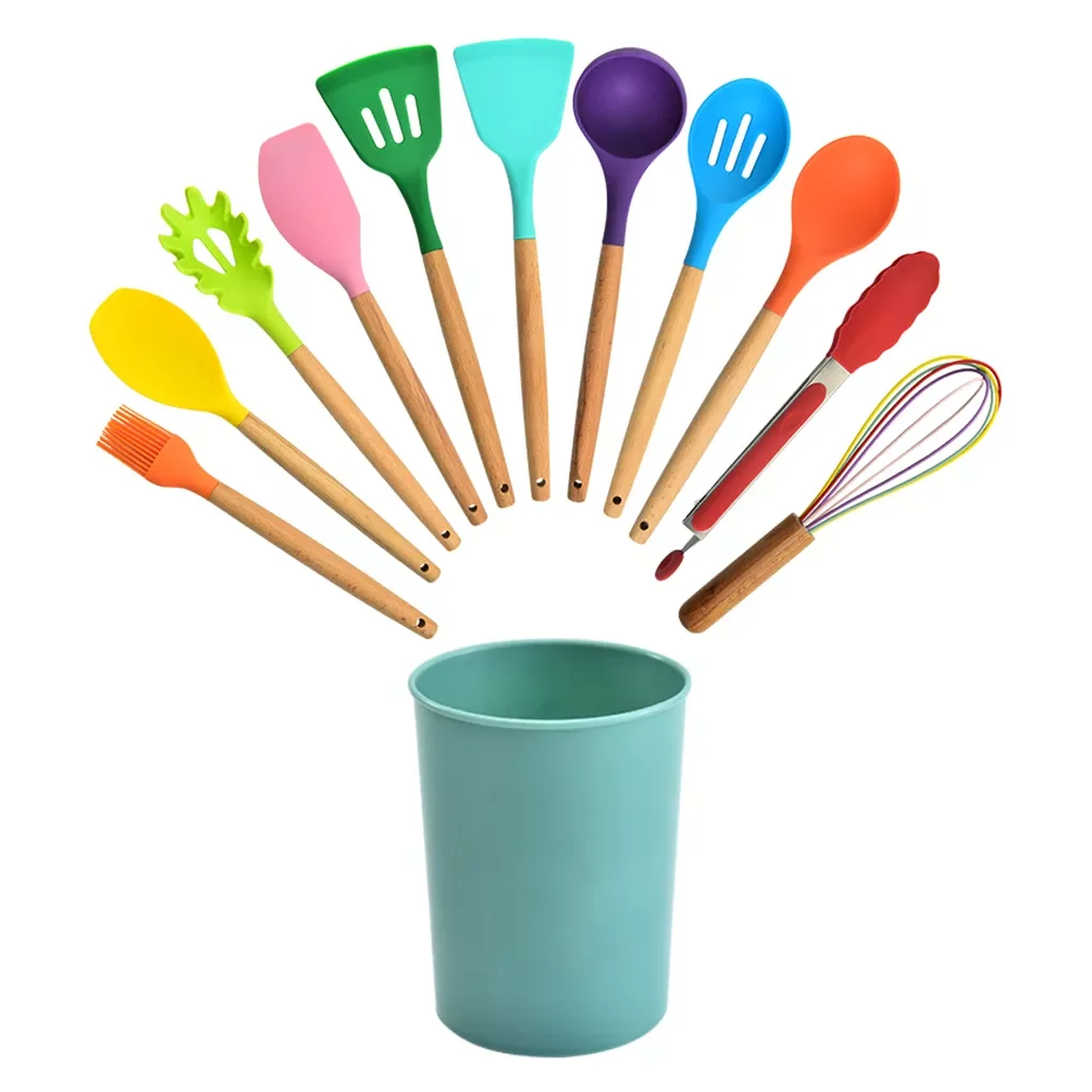 

12pcs Kitchen Spoon Set Silicone Cooking Utensil Set Wooden Handle Kitchen Spatula Tools