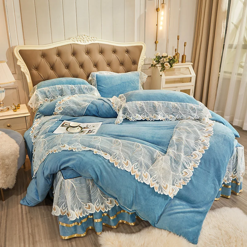 

Luxury Princess Bedding Set Velvet Flannel White Feather Duvet Quilt Cover Lace Ruffles Bed Skirt Bedspread Pillowcase