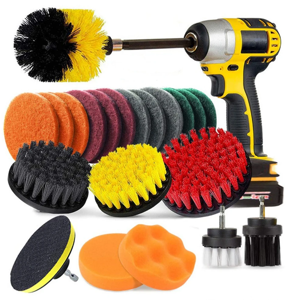 

22pcs Car Washing Accessories Drill Brush Set Power Scrubber Brush Yellow Red Fit For Car Cleaning Kit Extender Cleaning Tool