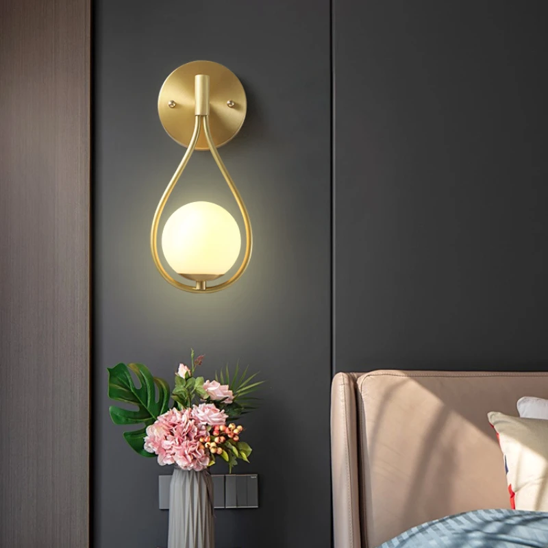 

Minimalist Bedroom Bedside Lamp Living Room Background Wall Lamp Nordic Copper Light Luxury American Stair Aisle Wall Lamp