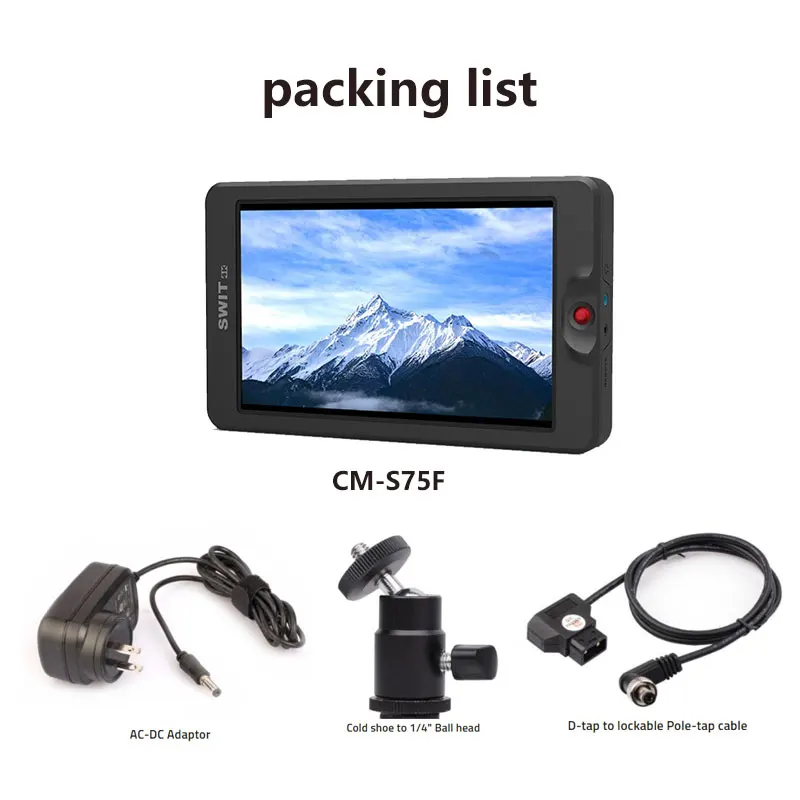 

Суперъяркий HDR ЖК-монитор SWIT CM-S75F 7 дюймов 3000nit 3G-SDI и 4K-HDMI вход/выход Встроенный De-log 3DLUT