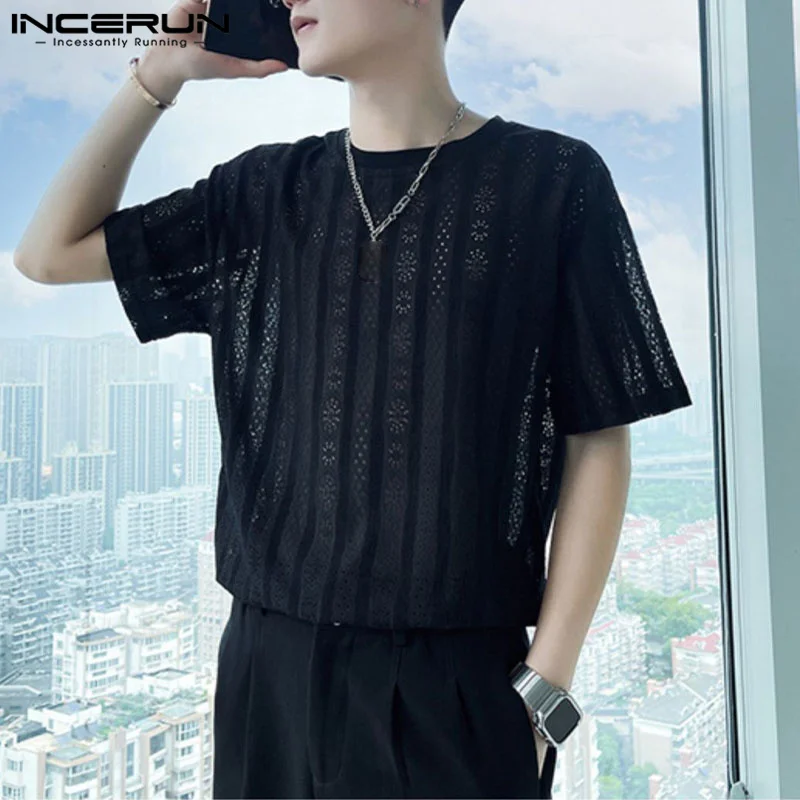 

INCERUN Tops 2023 Korean Style New Men Fashion Lace Jacquard T-shirts Casual Streetwear Hot Selling Short Sleeved Camiseta S-5XL