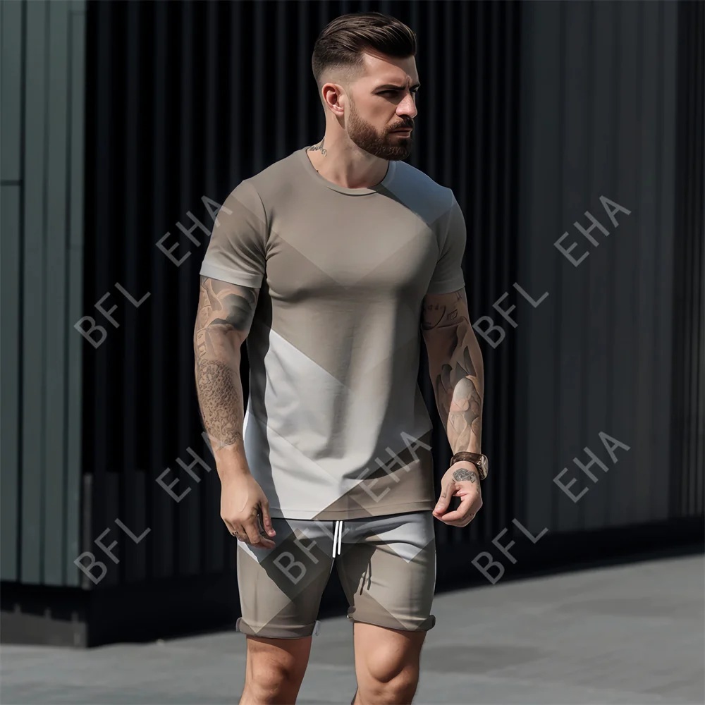 2023 New Men Fashion 3D Gradient color graphics Print Men Street Casual Short T Shirts+Shorts 2-piece Set Oversized Man Clothing