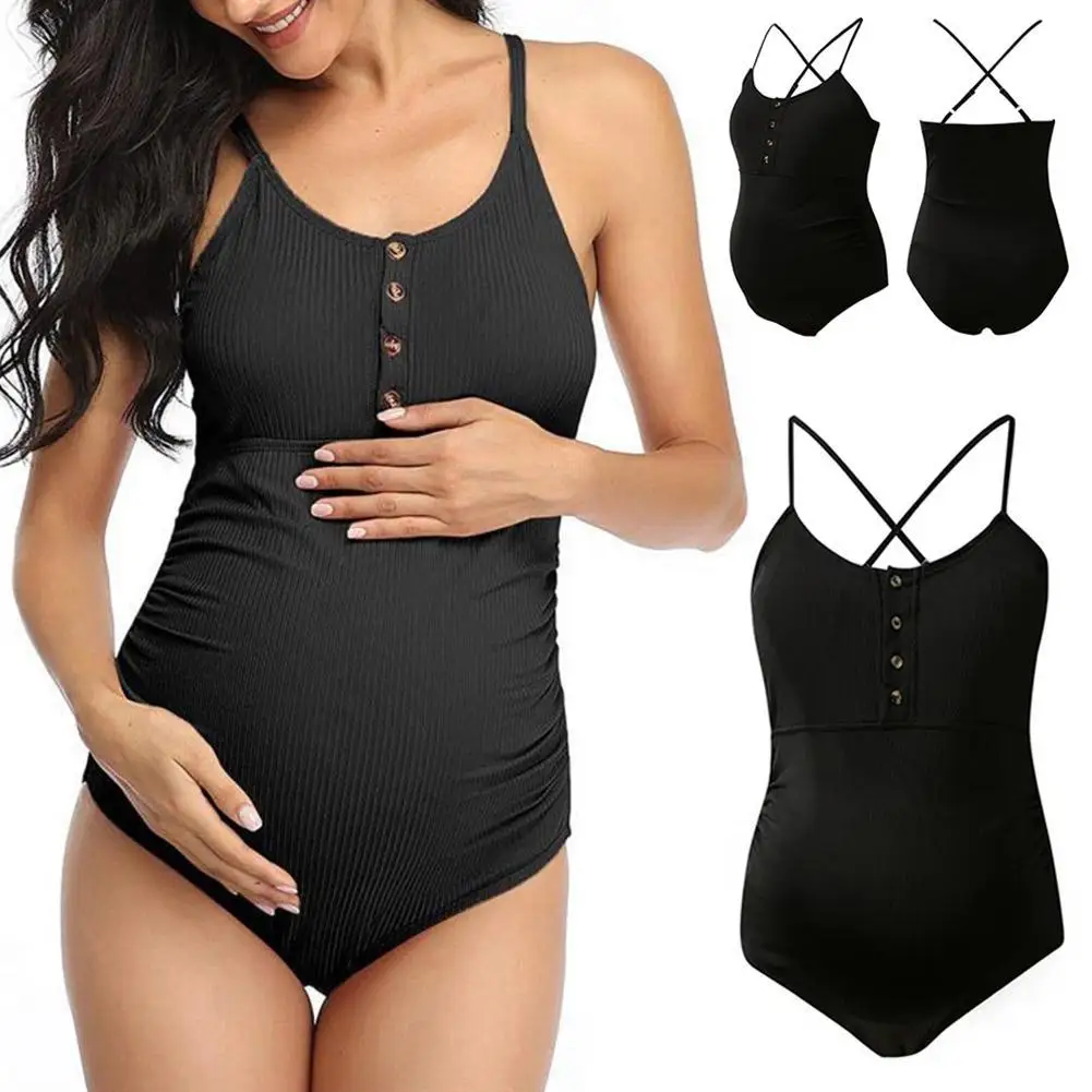 

2023 New Suspended Cross Back Swimsuit Maternity Swimwear Women Pregnancy One Pieces Swimwear Fashion Bathing Bodysuit Black