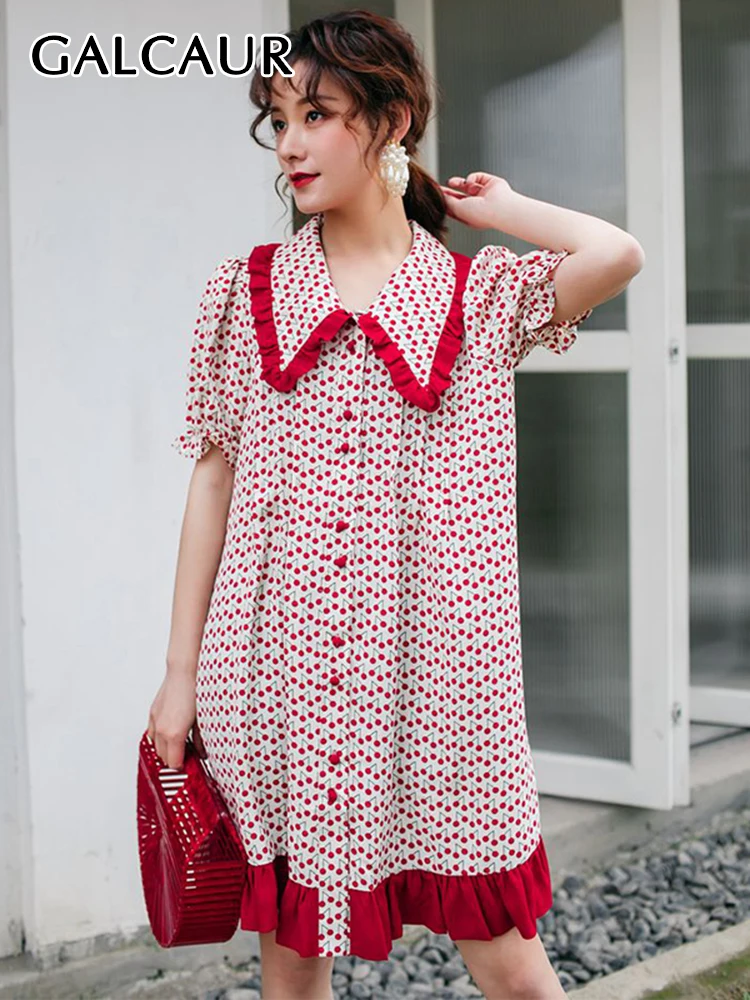 

GALCAUR Hit Color Loose Dress Female Peter Pan Collar Short Sleeve Patchwork Ruffle Loose Dresses For Women Fashion Clothing New