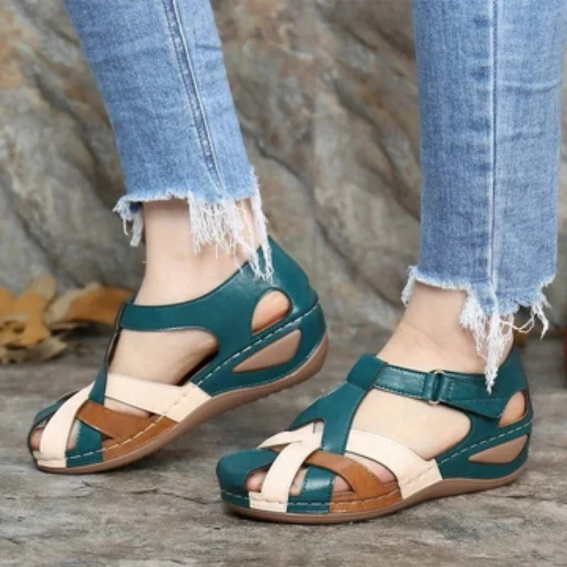 

Summer Women Sandals Soft Sole Baotou Wedges Shoes Hollow Out Non Slip Pu Leather Platform Mixed Color