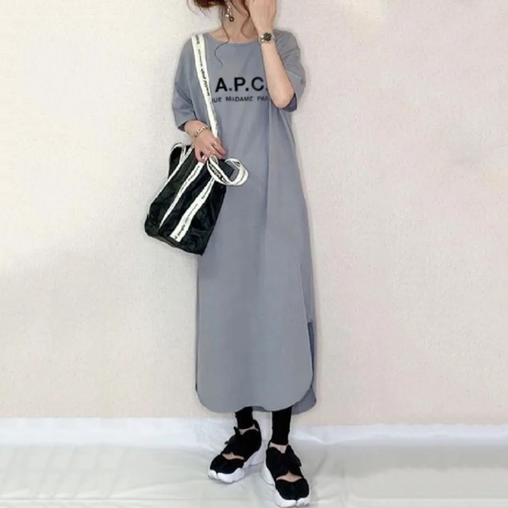

Letter Print Women Summer Long Dress Fashion Casual Split Maxi Dresses Office Lady Preppy Japanese Korean Style Streetwear Robe