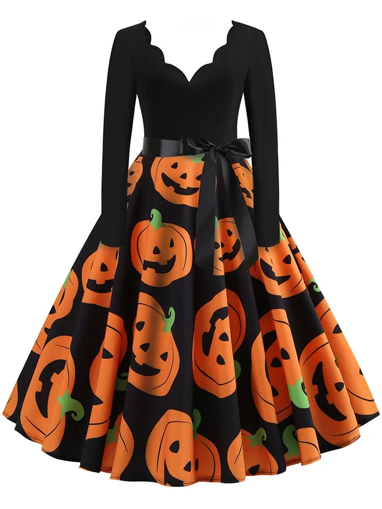 

2023 New Harajuku Vintage Print Halloween Dresses For Women Fashion Elegant V Neck Long Sleeve Ladies Evening Party Midi Dress
