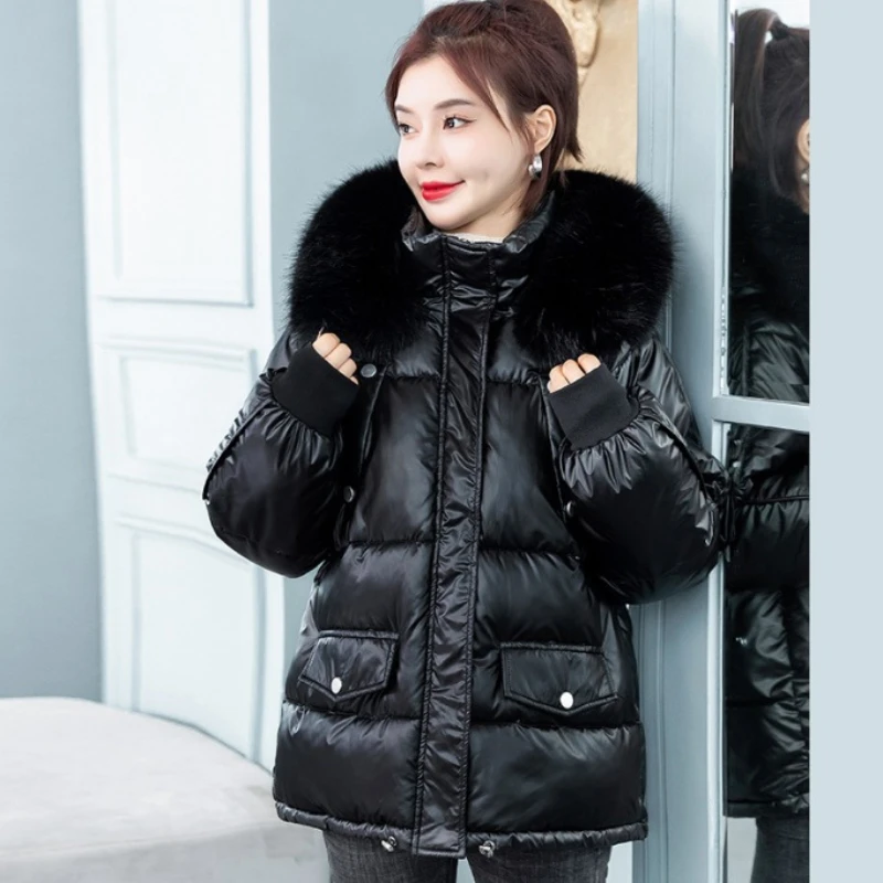 Thickened Shiny Cotton Padded Jackets Women Winter New Loose Champagne Black Parkas Short Bread Jacket Woman Coats