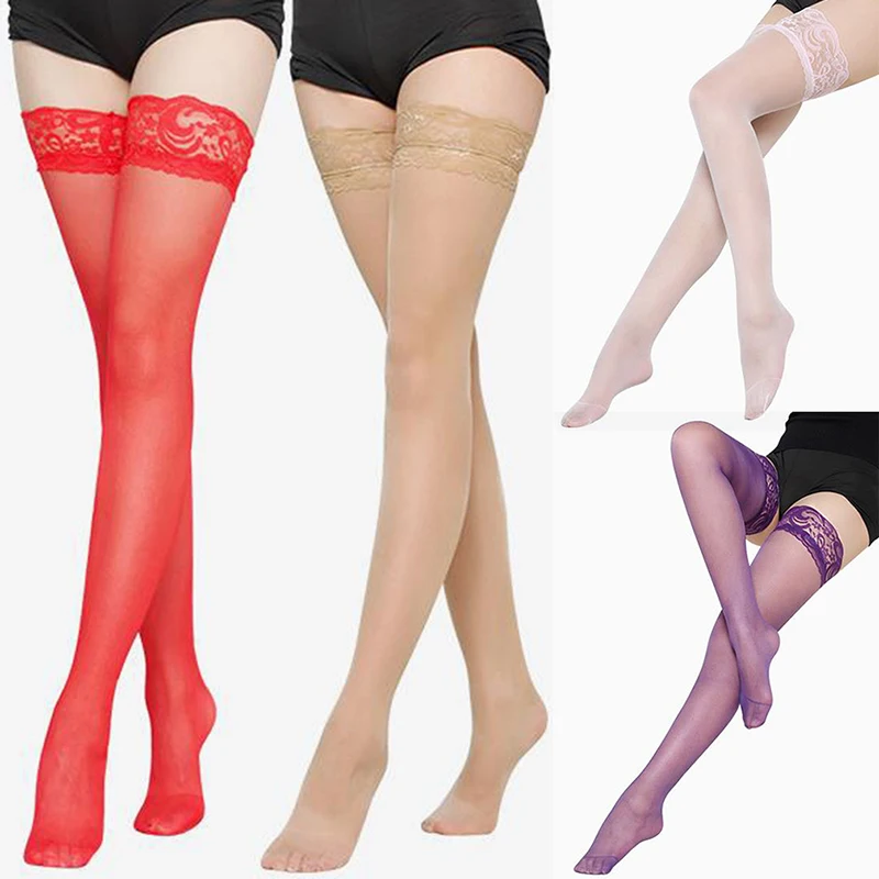 

1Pair Women Sexy Stocking Sheer Lace Thigh High Stockings Nets For Women Female Stockings Pink Purple Skin Red