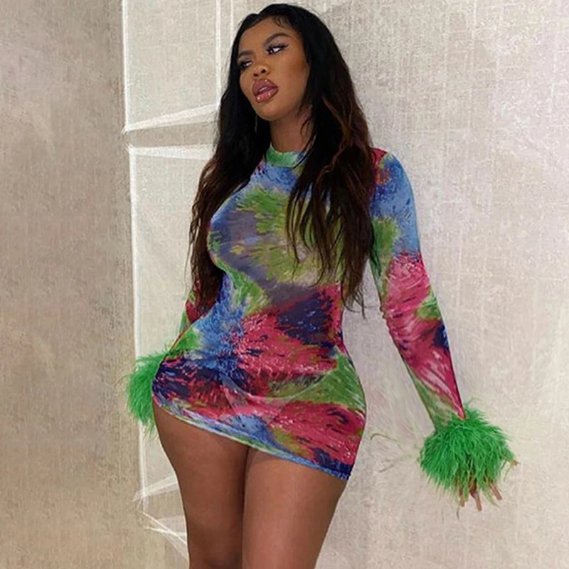 

Wishyear 2023 Sexy Nightclub Outfits for Women Print See Through Mesh Feathers Party Dress Birthday Prom Mini Bodycon Dresses