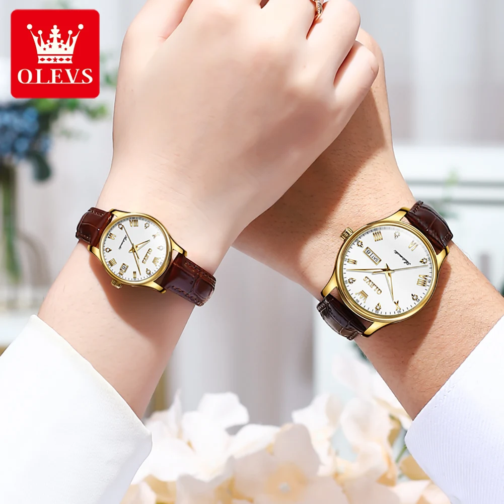 OLEVS Couple Automatic Mechanical Watch Sets For Men And Women Top Brand Luxury Waterproof Leather Week Date Watches For Lovers