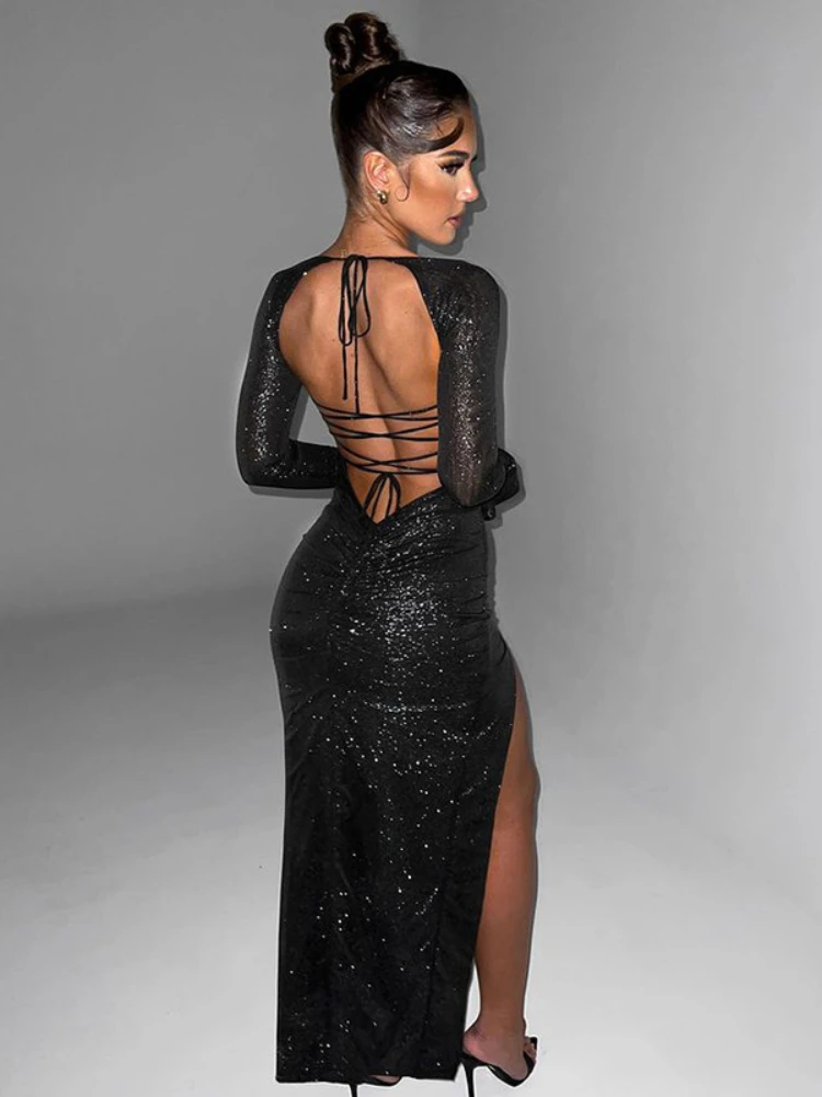 

Sexy Bodycon Dress One Word Neckline Backless High Waist Pullovers Long Sleeved Dress Chic and Elegant Slit Cocktail of Dresses