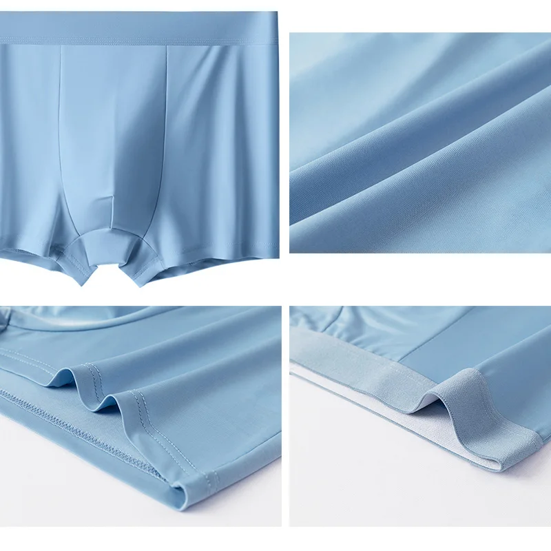 4Pcs/Lot Men Boxers Underpants Mid Waist Elastic Seamless Ice Silk Thin Panties Man Plus Size Solid Color Men Boxer Underwear