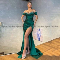 weilinsha emerald green satin evening dresses off the shoulder sweetheart beading high slit long formal prom dress pageant gown