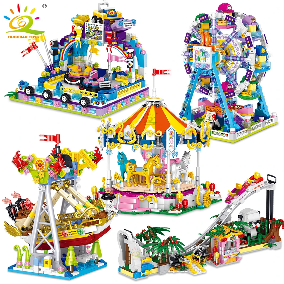 

HUIQIBAO Amusement Park 3D Model Micro Building Blocks City Street View Architecture MOC Carousel Mini Bricks Children Toys Game