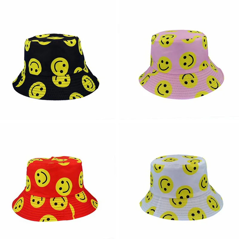 

Fashion Smiley Face Pattern Bucket Hats Men Women Cotton Outdoor Reversible Fisherman Caps Beach Fishing Hat Girl Boy Hat CP028