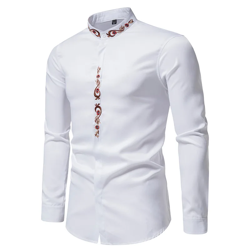 Men Spring Autumn Shirt Social Henley Dress Shirt Fashion Long Sleeve Formal Embroidery Tops Clothing Casual camisa masculina