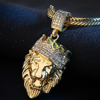 vintage animal lion rhinetone head gold pendant necklace hip hop iced out chain for man women fashion jewerly gift for rapper