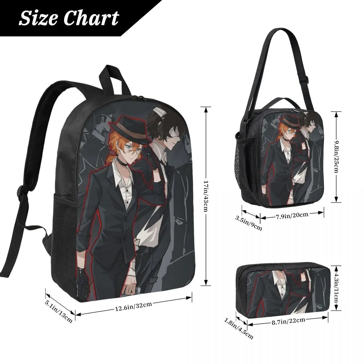 Фото Bungou Stray Dogs Wan Аниме Dazai And Chuuya Рюкзак BookBag Школьная сумка Сумки на плечо 3ps Изолированная сумка для обеда Пенал №2