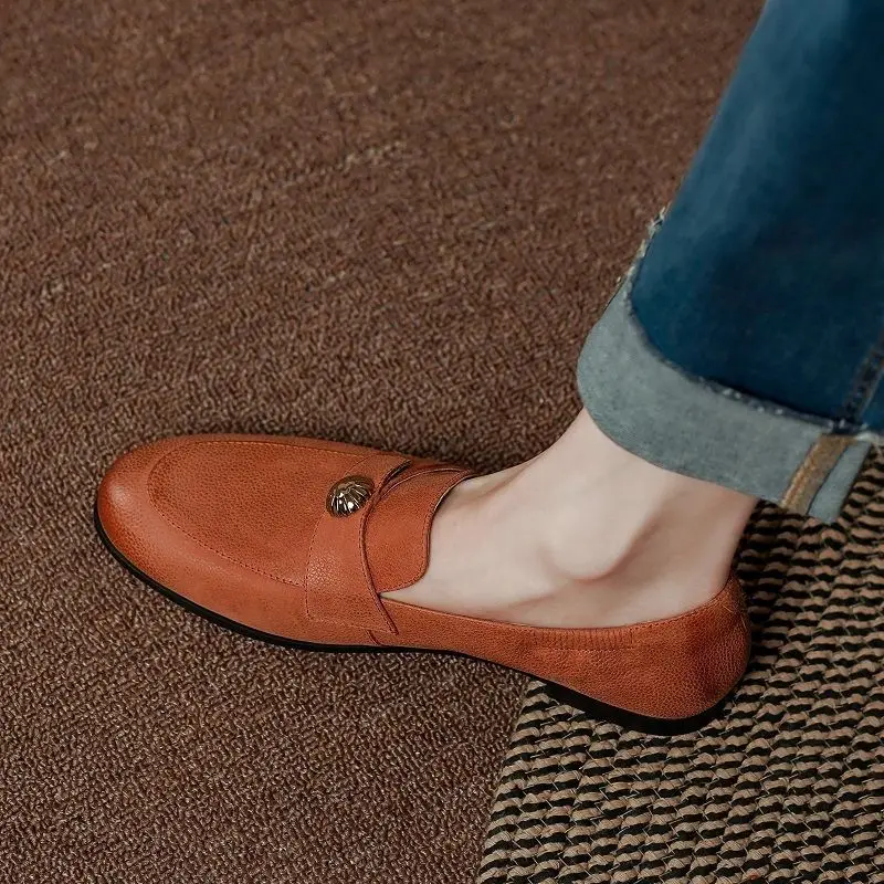 

Туфли женские из натуральной кожи, простая обувь на низком каблуке, без застежки, круглый носок, лоферы, оранжевый цвет, весна-осень