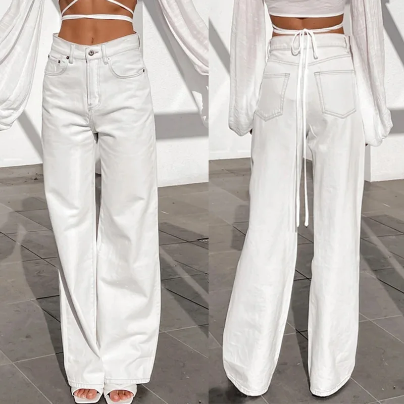 

Europe and America New Pure White Slim Slim Wash Wide Leg Women's Jeans