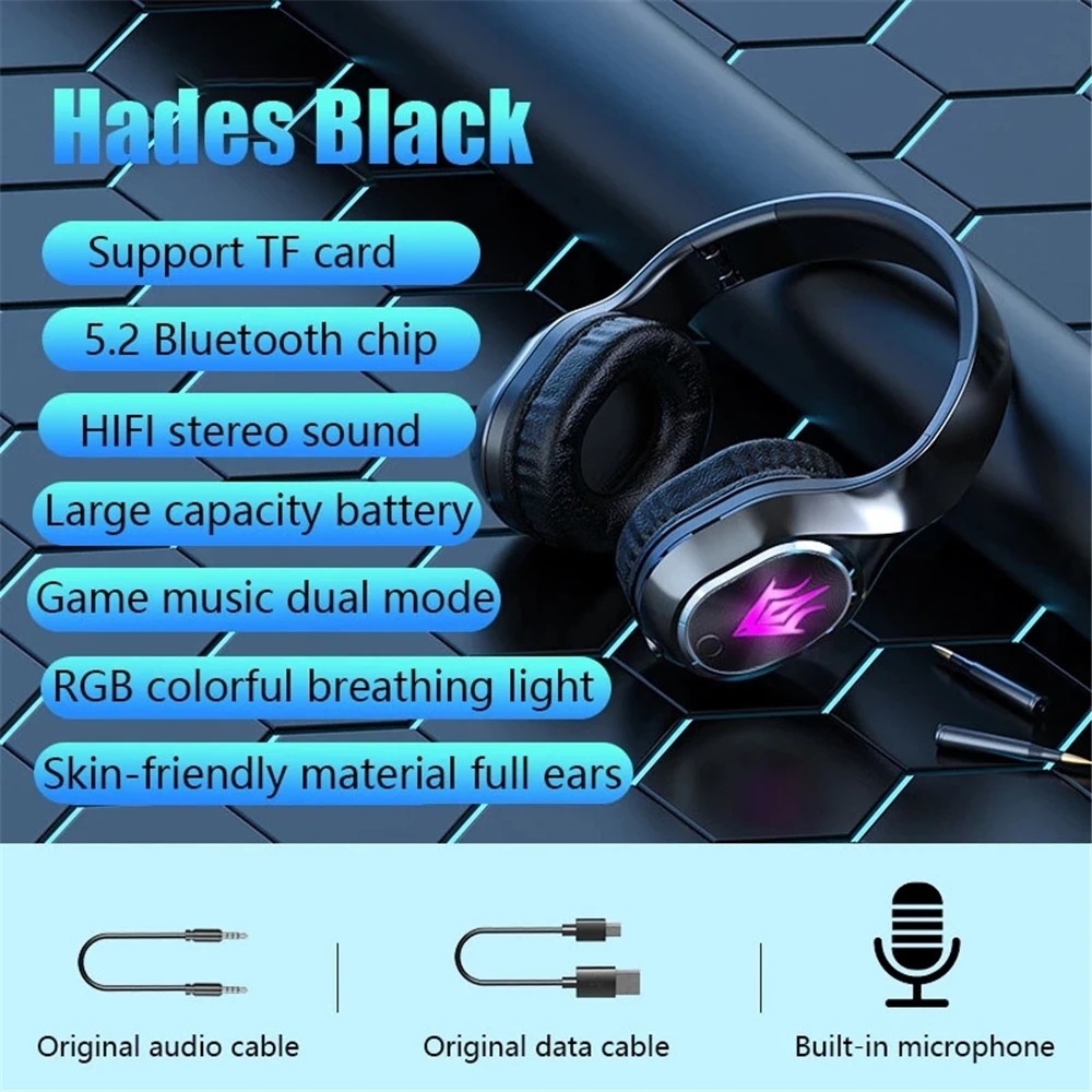 

Wireless Headphone Music Sport Headphone 9D HIFI Stereo Gamer Wireless Bluetooth 5.2 Hands-free Headsets With Mic & LED Light