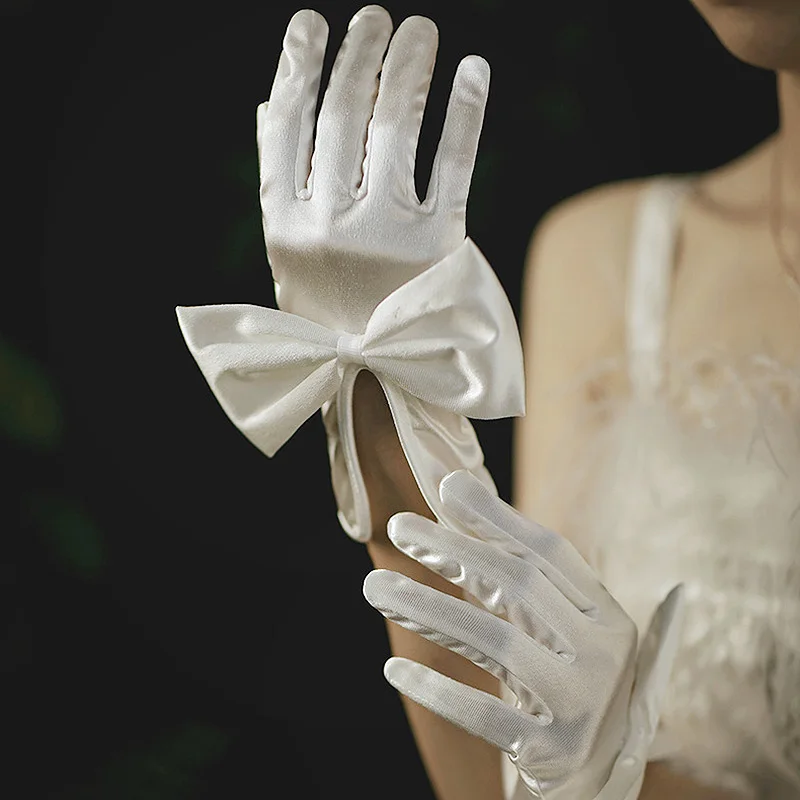 

Перчатки женские короткие атласные с бантом, элегантные свадебные тонкие эластичные митенки для езды на велосипеде и вождения, летние