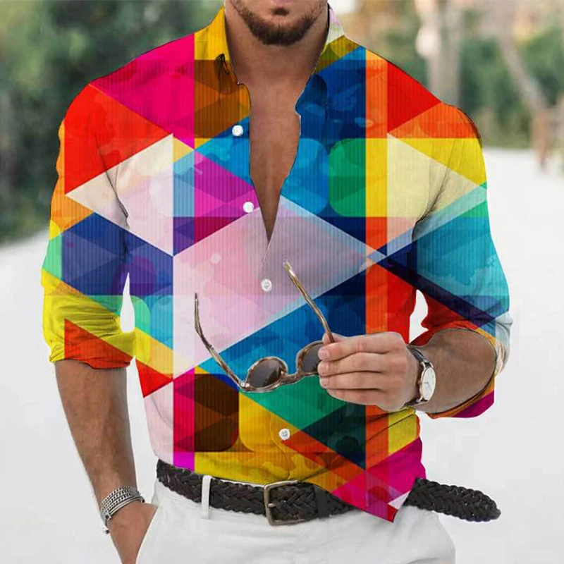 

Men's Autumn Polyester Long Sleeve Shirt Print Casual Male Top Turn-down Collar Buttoned shirts Clothes Blouse Clothing For Men