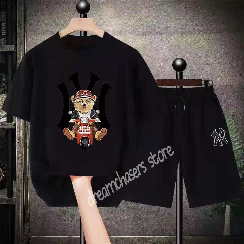 Korean Luxury Brand T-shirt Shorts Suit Men's Summer Oversized Clothing Fashion Sportswear Street Clothing Bear Anime Tee Suit