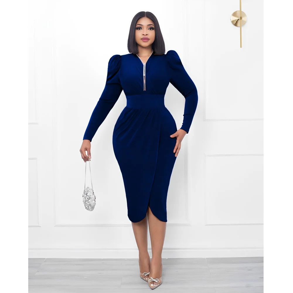 

Autumn Fashion Elegant Midi Dress Women Office Ladies OL Solid High Waist Long Sleeve Slim Autumn Winter Clothing Women Dresses